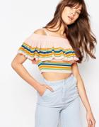 Asos Knitted Top In Off Shoulder With Stripe Ruffle Detail - Multi
