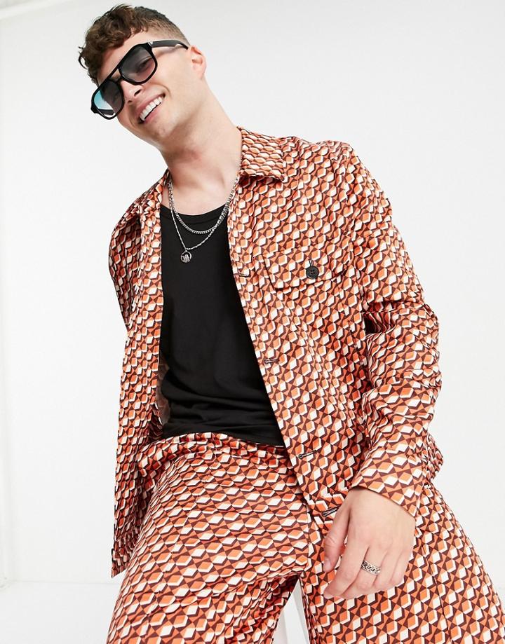 Asos Design Set Smart Trucker Jacket With Retro Geo Print In Rust-brown