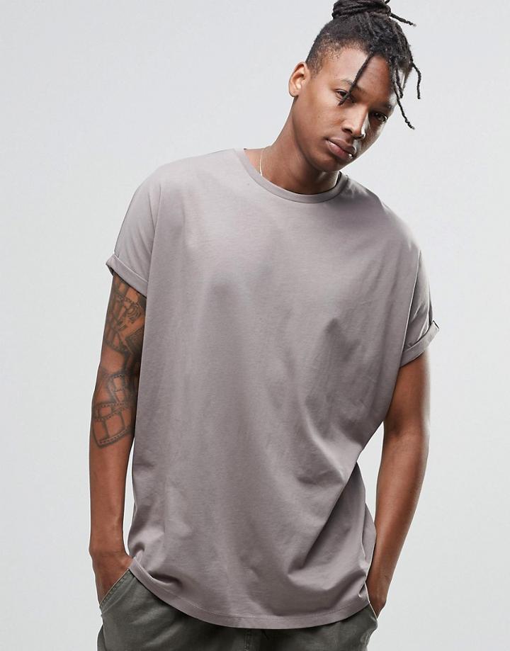 Asos Super Oversized T-shirt With Rolled Sleeve In Gray - Battleship Grey