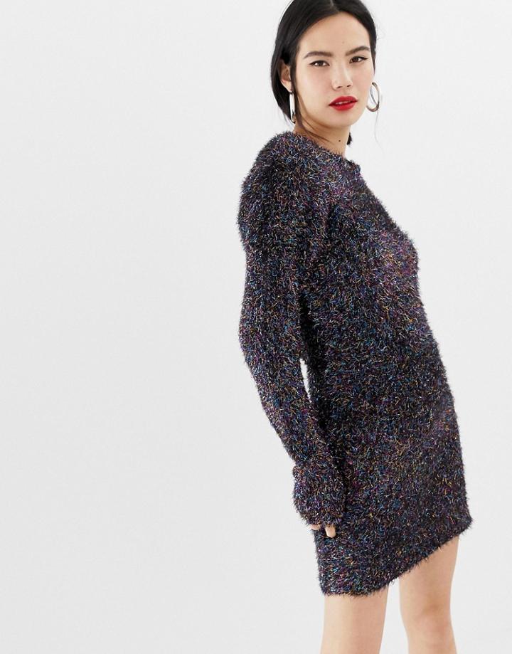 Brave Soul Sweater Dress In Rainbow Tinsel-black