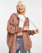 Daisy Street Oversized Zip Front Hoodie In Brown