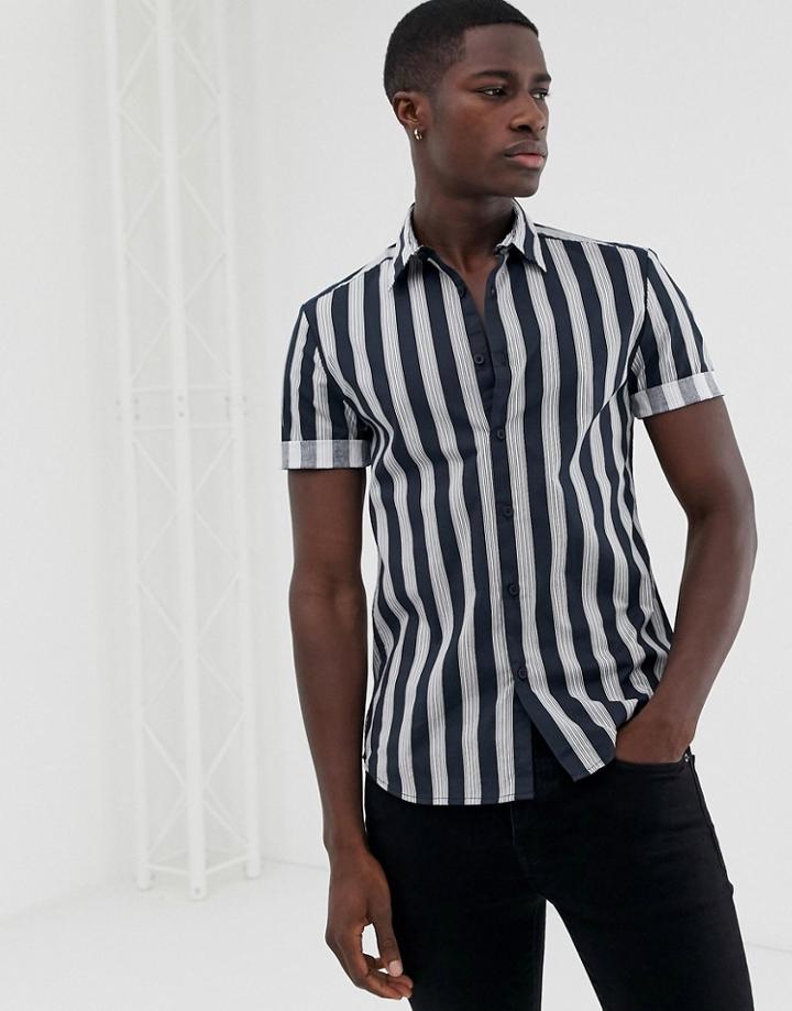New Look Muscle Fit Shirt In Navy Stripe - Black