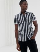 New Look Muscle Fit Shirt In Navy Stripe - Black