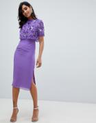 Frock And Frill Embellished Top Midi Pencil Dress In Purple - Purple