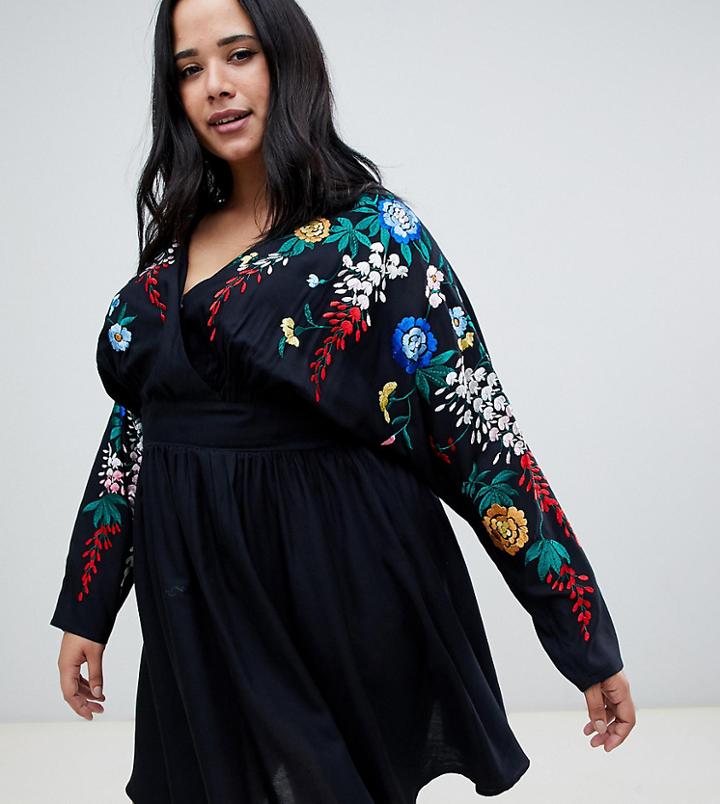 Asos Design Curve Embroidered Mini Smock Dress-black