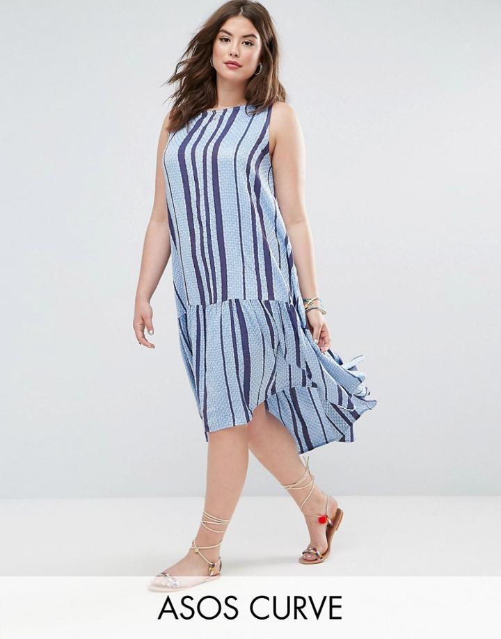 Asos Curve Trapeze Midi Smock Dress In Stripe - Blue