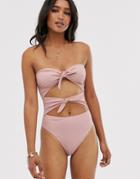Fashion Union Bandeau Cut Out Swimsuit With Tie Detail In Blush Pink