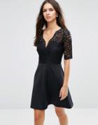 Asos Scuba Skirt Lace Top Mini Skater Dress - Black