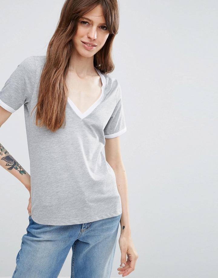 Asos V Neck T-shirt With Tipping - Gray