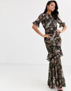 Hope & Ivy Flutter Sleeve Maxi Dress With Tiered Skirt Hem In Navy Floral Print - Multi