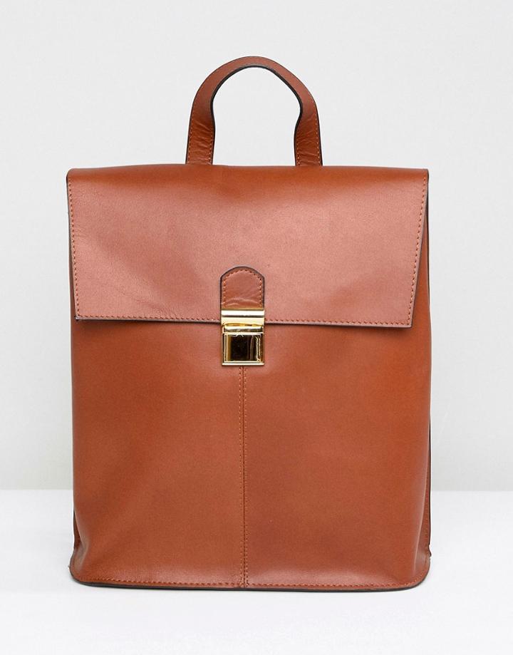 Asos Design Leather Pushlock Backpack - Tan
