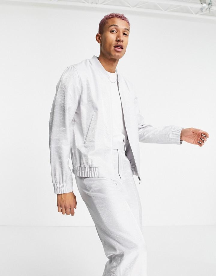 Asos Design Set Smart Hammered Satin Bomber Jacket In Silver