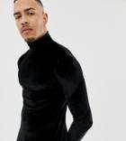Asos Design Tall Muscle Long Sleeve T-shirt In Velour With Roll Neck In Black - Black