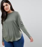 Asos Design Curve Long Sleeve Top With Curved Hem In Rib - Green