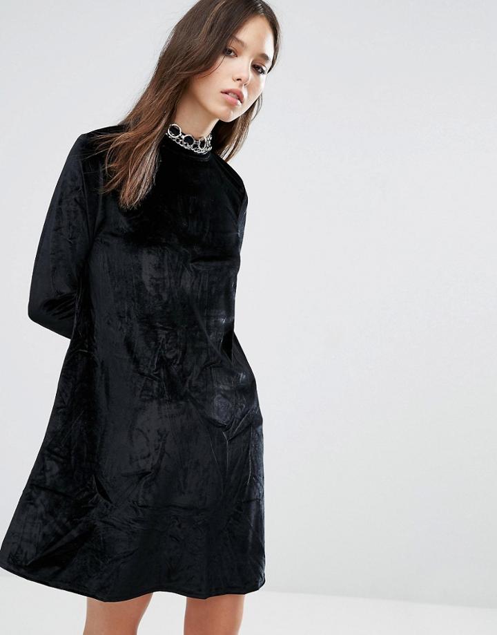 Brave Soul Velvet Skater Dress - Black