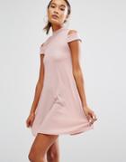 Daisy Street High Neck Dress With Cold Shoulder - Dusty Rose