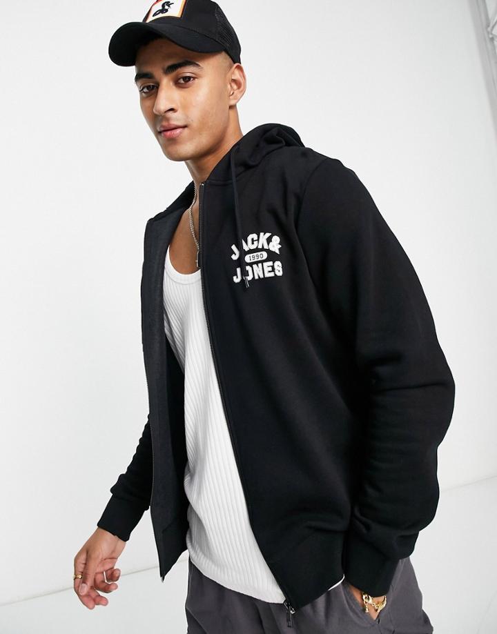 Jack & Jones Full Zip Logo Hoodie In Black