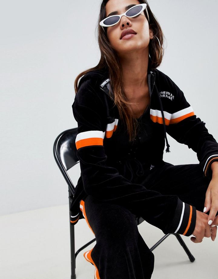 Criminal Damage Hooded Velour Track Top With Stripe - Black