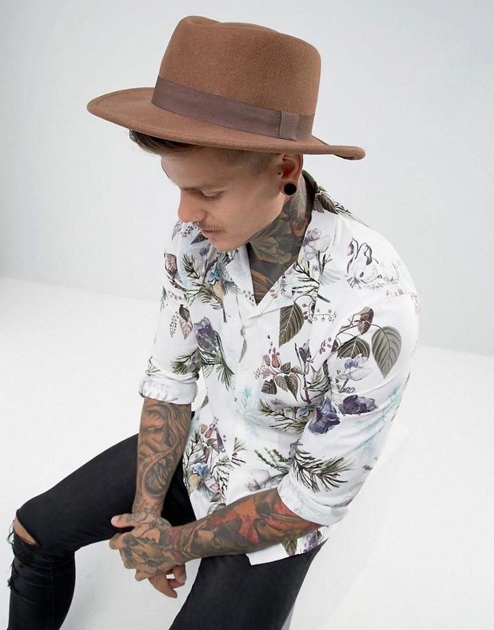 Asos Pork Pie Hat In Camel With Diamond Crown - Tan