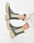 Stradivarius Ankle Wellie Boot With Contrast Sole In Khaki-green