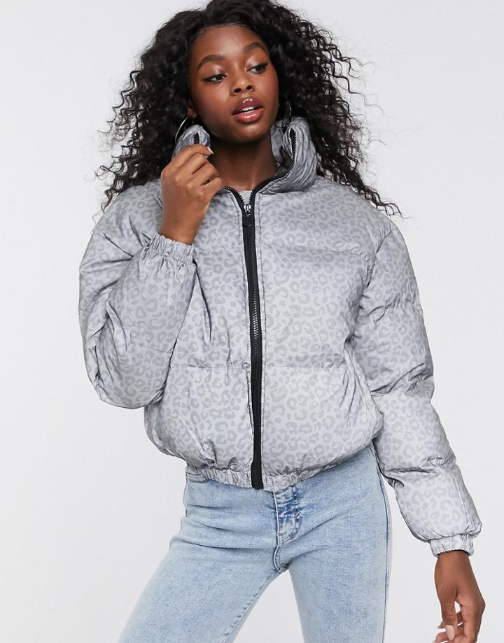Brave Soul Imogen Padded Coat In Reflective Leopard-silver