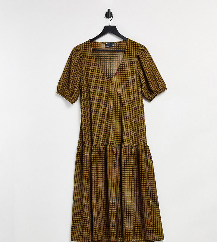 Asos Design Tall Midi Smock Dress With Pep Hem In Green Check Print