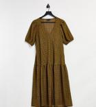 Asos Design Tall Midi Smock Dress With Pep Hem In Green Check Print