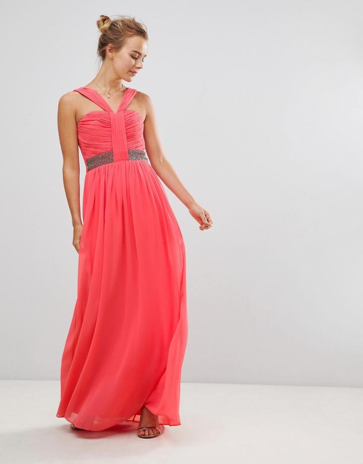 Little Mistress Halterneck Maxi Dress With Embellished Waist - Pink