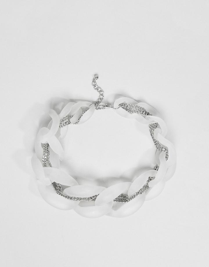 Asos Design Necklace With Frosted Resin Link And Woven Chain Detail - Silver