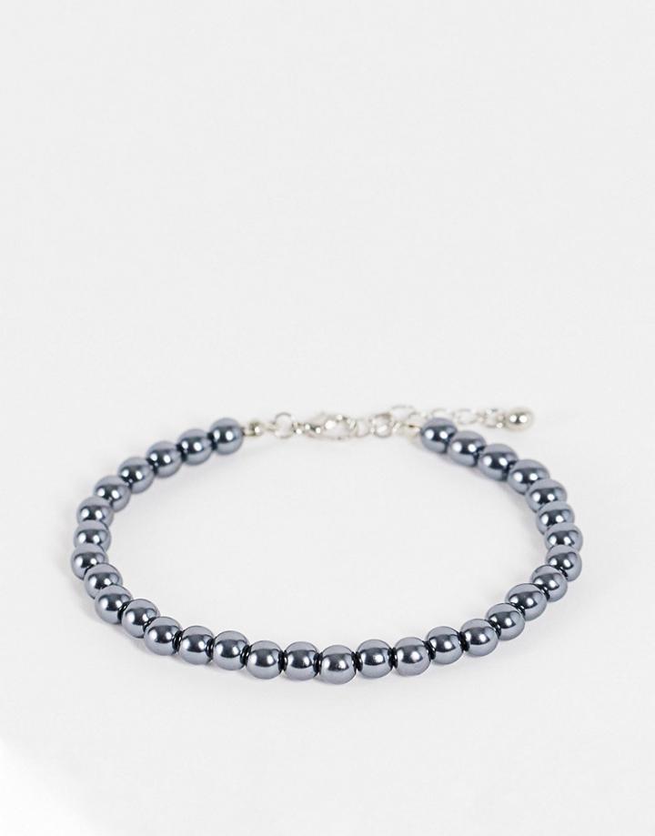 Asos Design Beaded Bracelet In Black Faux Pearl