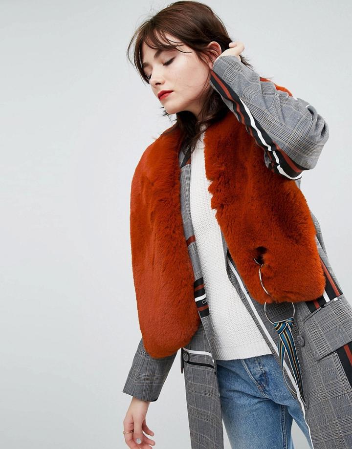 Asos Faux Fur Scarf With Tape And Ring Detail - Brown