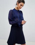 Y.a.s Tie Neck Chiffon Spot Top With Cuff Detail - Navy