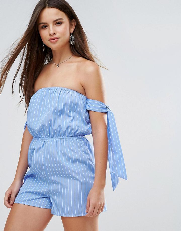Parisian Off Shoulder Stripe Romper - Blue