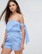 Parisian Off Shoulder Stripe Romper - Blue