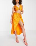 Asos Design Sarong Wrap Midi Skirt In Orange Satin Jacquard - Part Of A Set