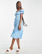 Influence Bardot Midi Dress In Blue Floral