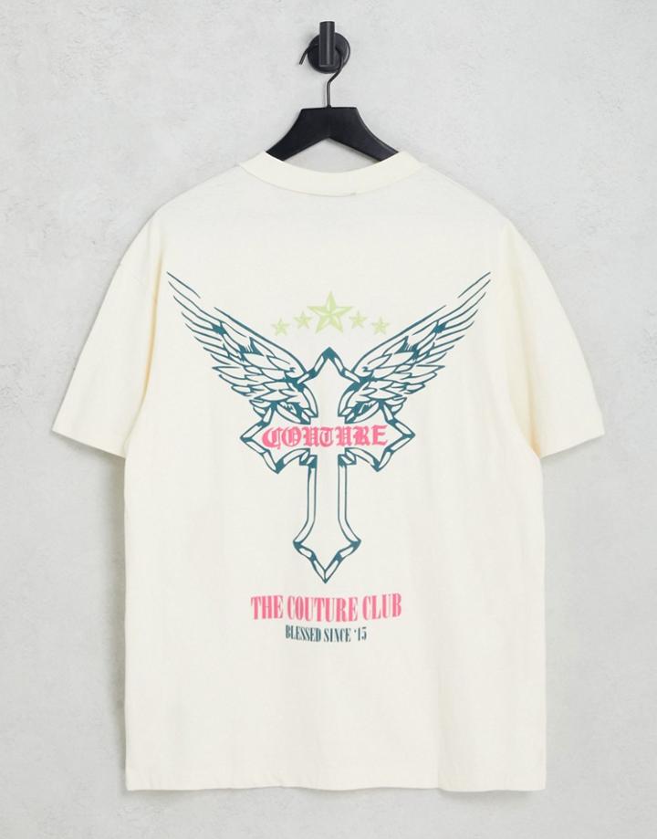 The Couture Club Oversized T-shirt In Off White With Gothic Cross Print