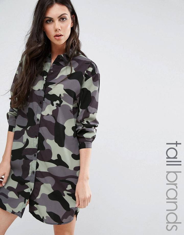 Daisy Street Tall Shirt Dress In Camo - Gray