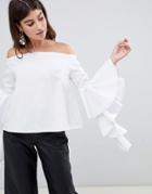 Rare London Statement Sleeve Bardot Blouse - White