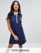 Fashion Union Petite Sleeveless Shift Dress With Ribbon Tie Pleated Collar - Navy