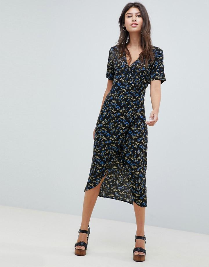 Rage Cap Sleeve Floral Wrap Dress - Black