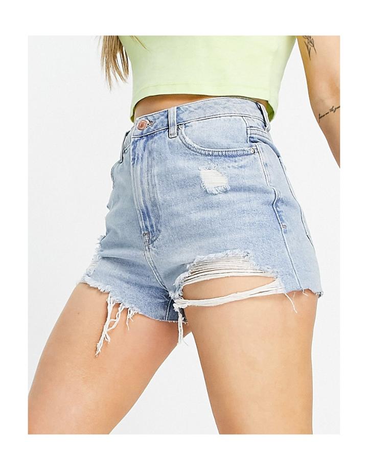 New Look Extreme Ripped Mom Short In Mid Blue-blues
