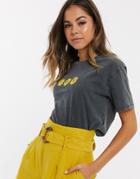 New Look Sunflower Logo Tee In Gray Acid Wash