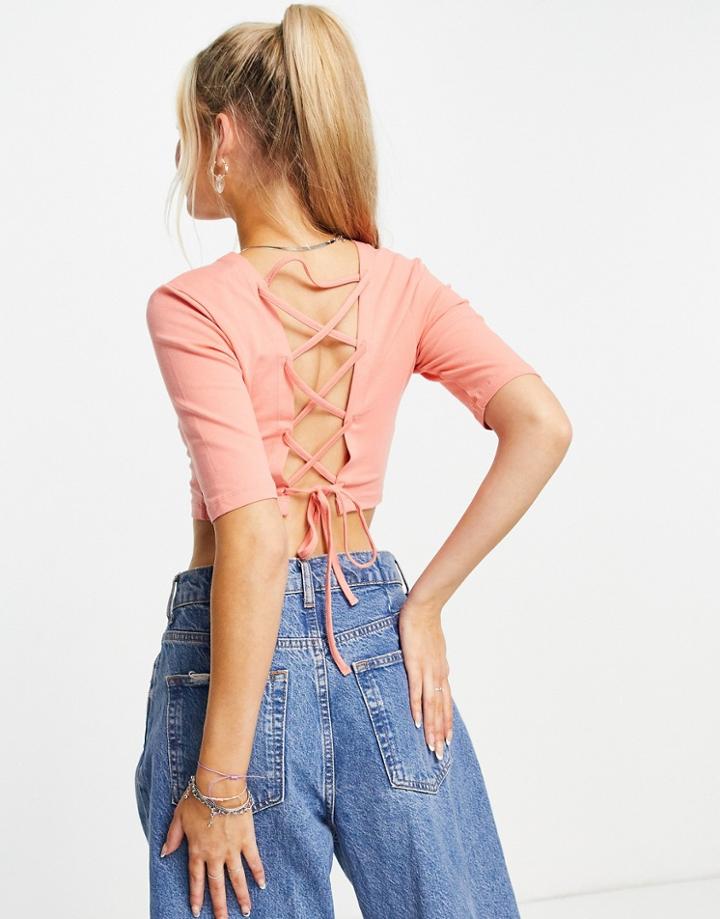 Only Cropped Jersey Top With Cut Out Lace Up Back In Coral-pink