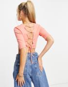 Only Cropped Jersey Top With Cut Out Lace Up Back In Coral-pink