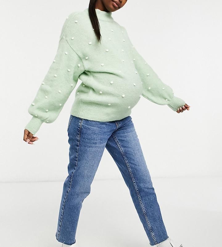 Asos Design Maternity Sweater With Contrast Pom-pom Detail In Sage-green