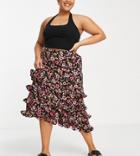Yours Ruffle Tiered Midi Skirt In Black Floral