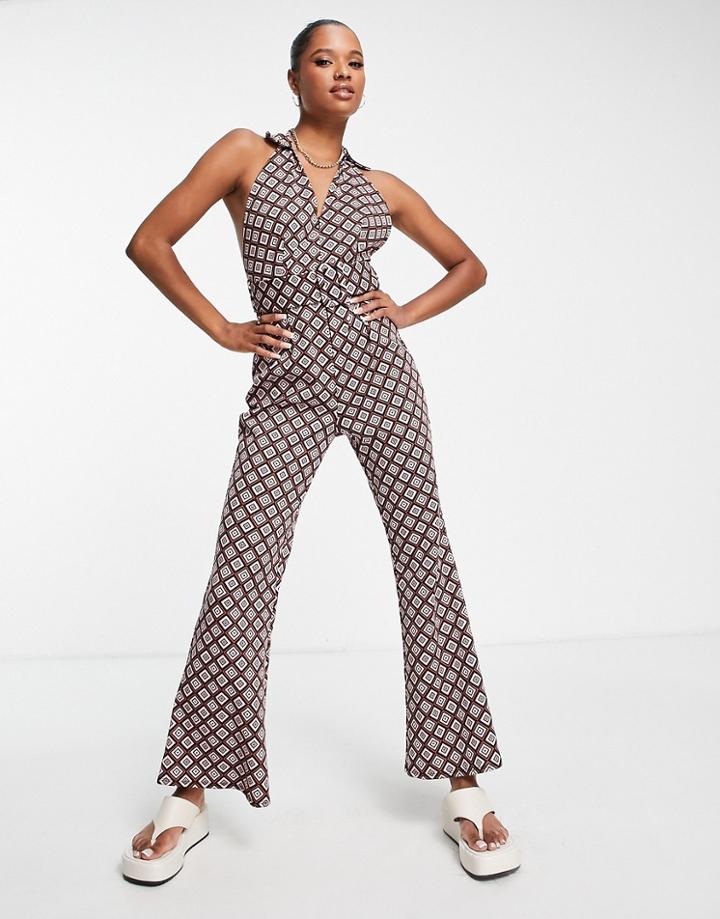 Asos Design 60s Collared Jumpsuit With Belt In Geo Print-multi