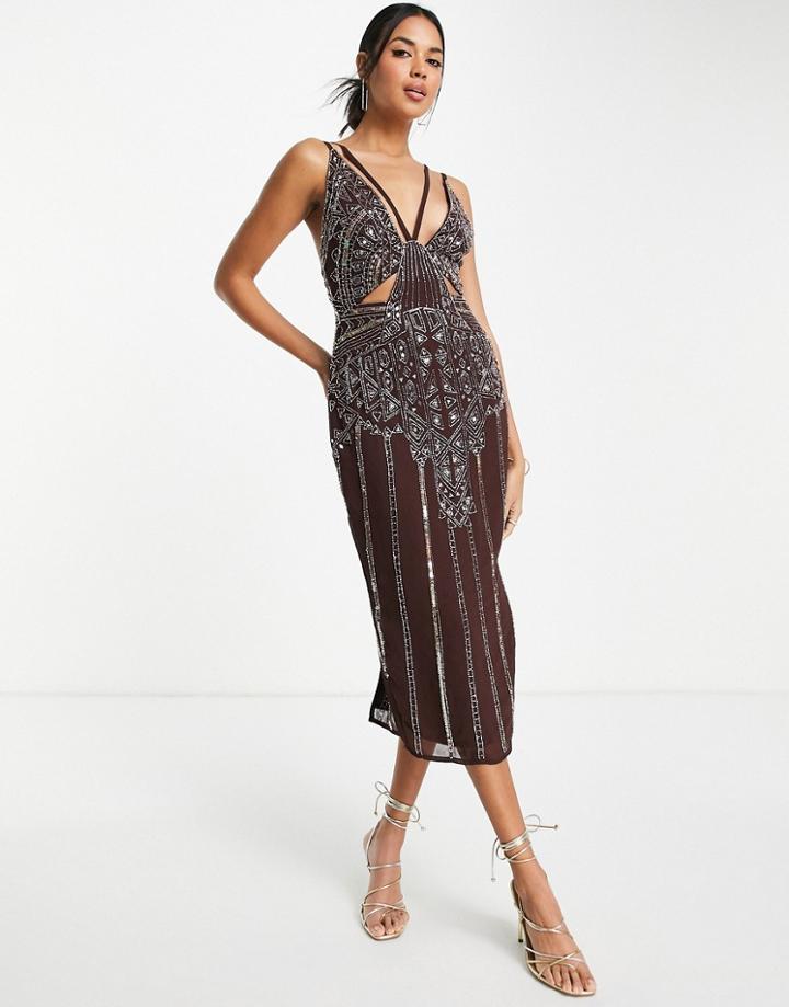 Asos Design Embellished Midi Dress With Cut Out Detail-pink