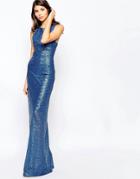 City Goddess Sequin Maxi Dress With Curved Mesh Insert - Blue